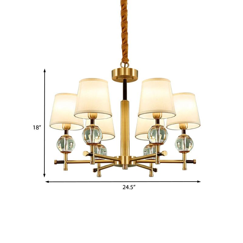 Conic Bedroom Chandelier Lamp Fabric 6 Heads Contemporary Ceiling Pendant in Brass with Crystal Accent