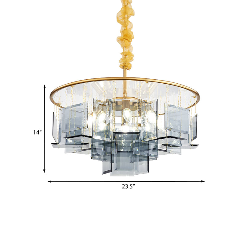 Smoke Gray Crystal Square Chandelier Lamp Contemporary 8 Lights Ceiling Pendant with Circle Design
