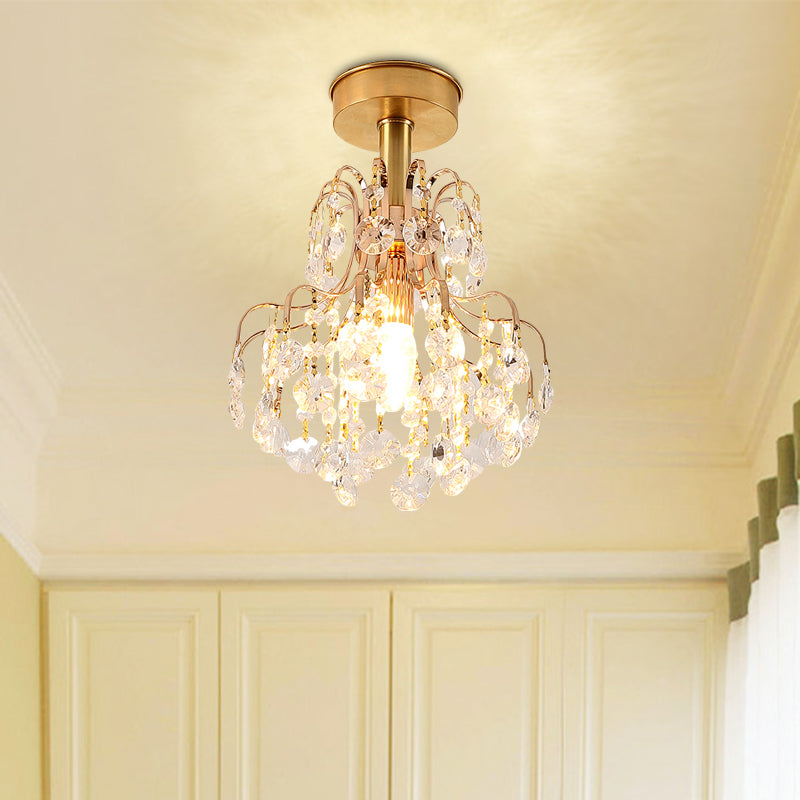 Modern 1 Light Semi Flush Light Brass Teardrop Close to Ceiling Lamp with Crystal Shade for Corridor