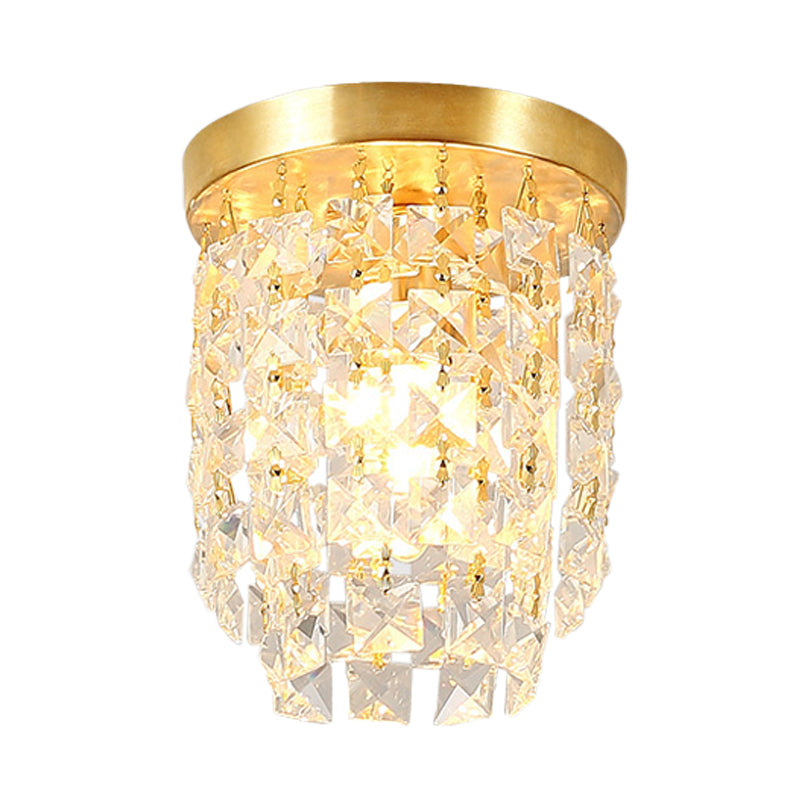 Plafonnier à 1 lumière pour couloir, luminaire simple en laiton avec abat-jour cylindrique en cristal transparent