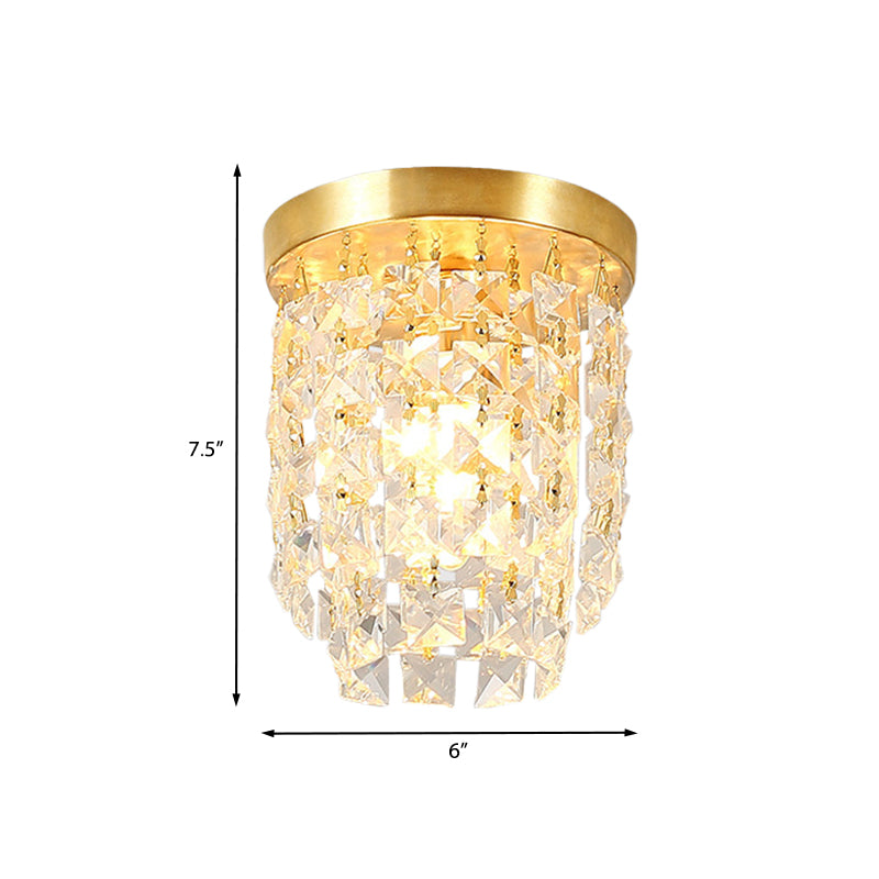 Plafonnier à 1 lumière pour couloir, luminaire simple en laiton avec abat-jour cylindrique en cristal transparent