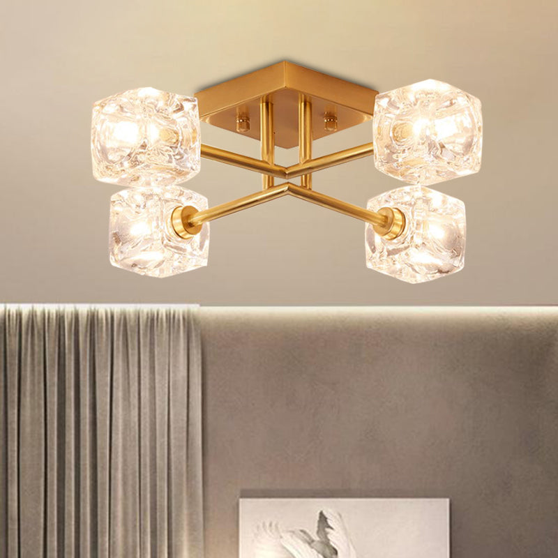 Crystal transparent carré contemporain Crystal clair Crystal 4/6 Éclairage de plafond de chambre à coucher en laiton