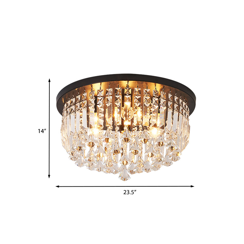 9 Lights Bedroom Flush Light Fixture Contemporary Black Ceiling Lighting with Cascade Crystal Shade