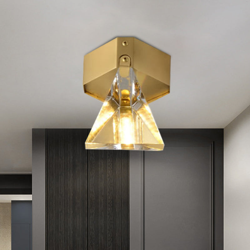 Triangle Faceted Crystal Flush Mount Lighting Minimalist LED Brass Finish Ceiling Light Fixture