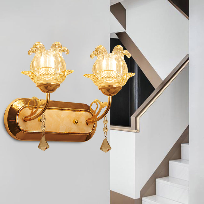 Simplicité Éclairage d'éclairage mural cristallins 1/2 lampe murale à 2 lumière en or avec bras incurvé