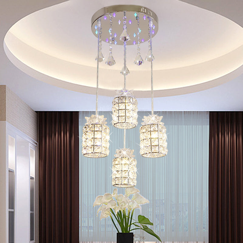 Minimal Cylinder Suspension Lamp Clear Crystal 4-Light Dining Room Cluster Pendant Light in Chrome
