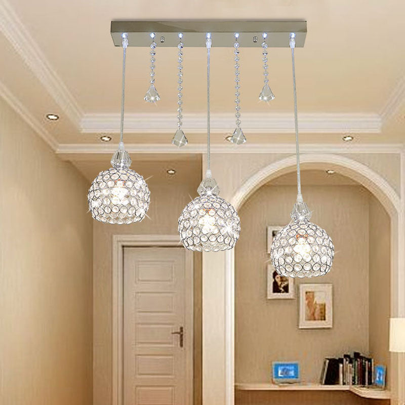 Globe Corridor Multi Pendant Light Crystal 3 Lights Contemporary Style Ceiling Suspension Lamp in Gold