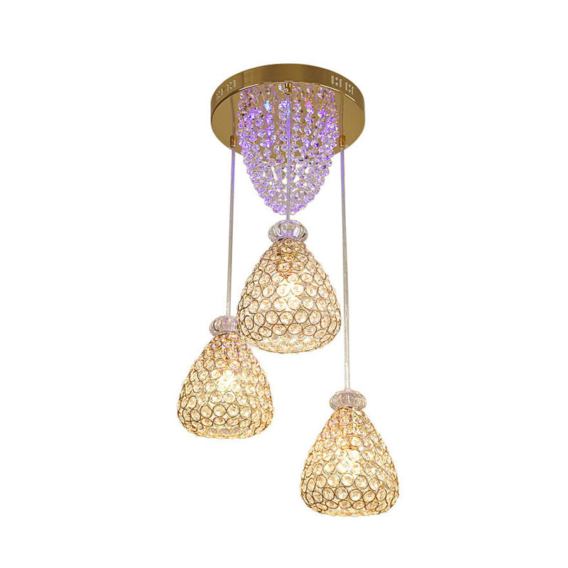 Modernism Teardrop Inserted Crystal Ceiling Lamp 3 Heads Cluster Pendant Light in Gold