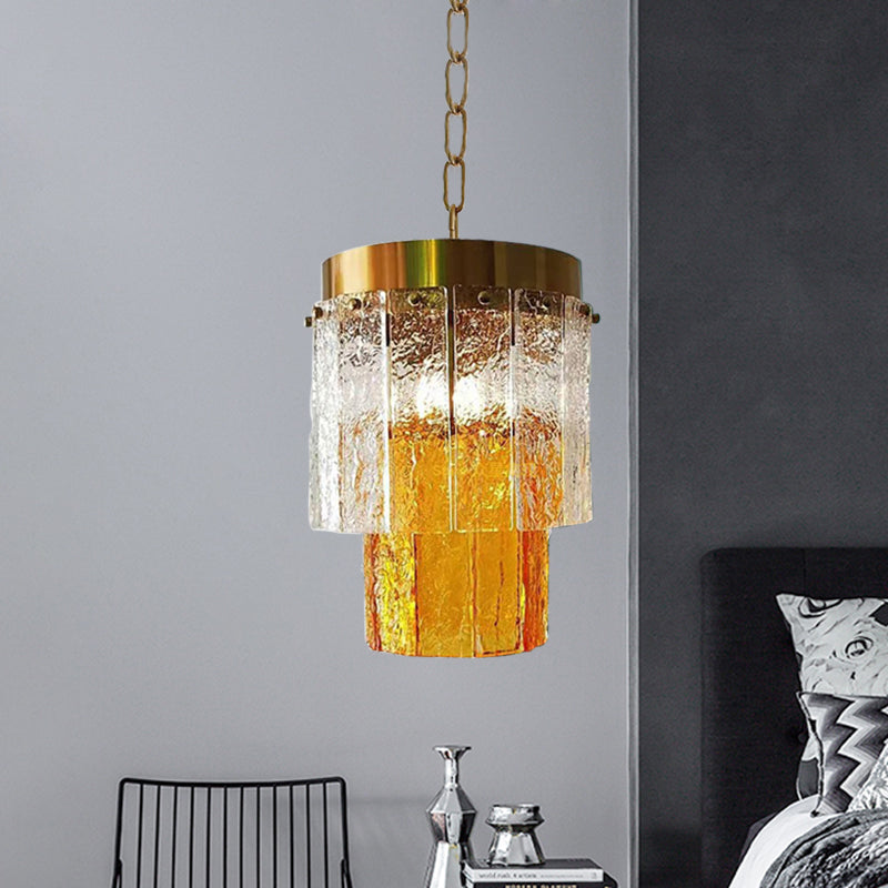2-Tiered Dining Room Hanging Light Fixture Yellow Textured Glass 1 Head Minimal Style Pendant Lamp