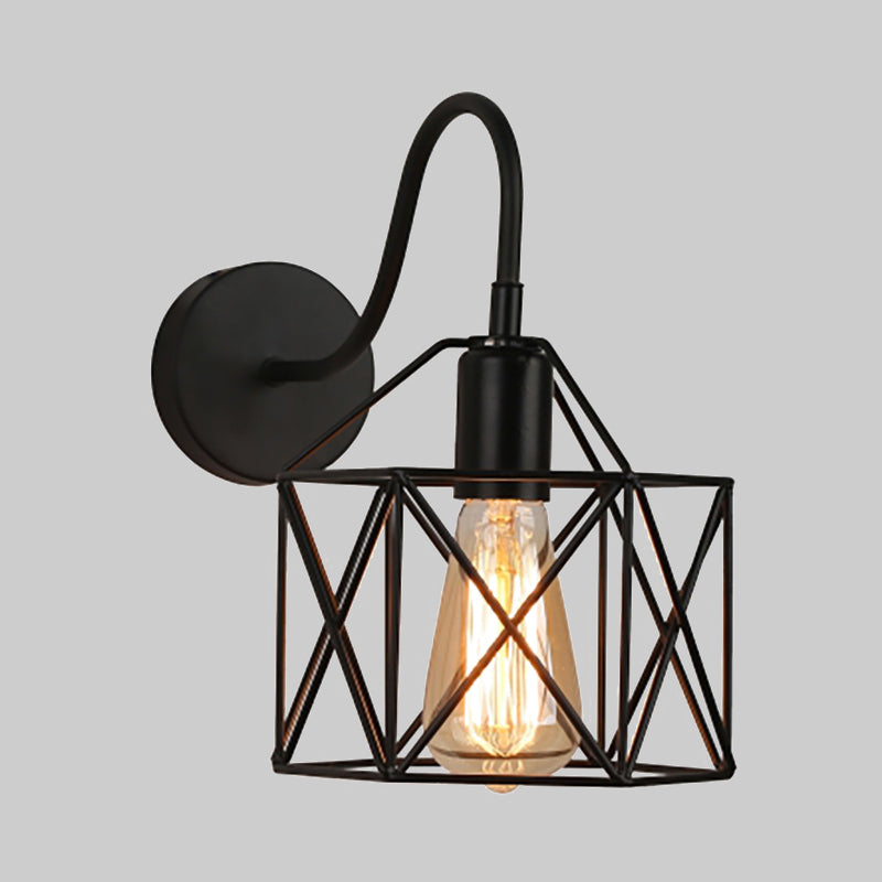 Wire Guard Corridor Sconce Lighting Industrial Metal 1 Light Black Wall Lighting with Gooseneck Arm