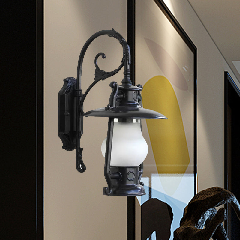 Lantern Frosted Glass Wall Mounted Lamp Coastal Single Bulb Outdoor Sconce Light in Black/Aged Brass