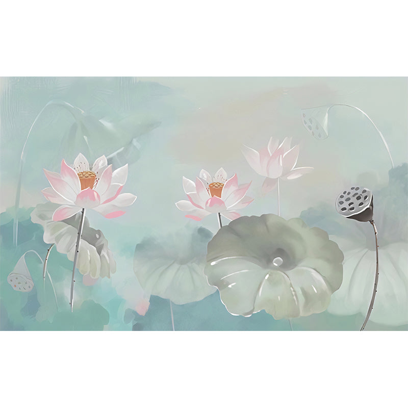 Fresh Lotus Wall Covering Pink and Green Gallery Mural Wallpaper, Custom-Printed