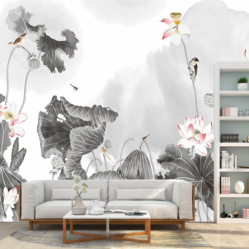 Fotomural vintage con ilustración gigante para habitación de invitados con acuarelas de loto en gris y rosa