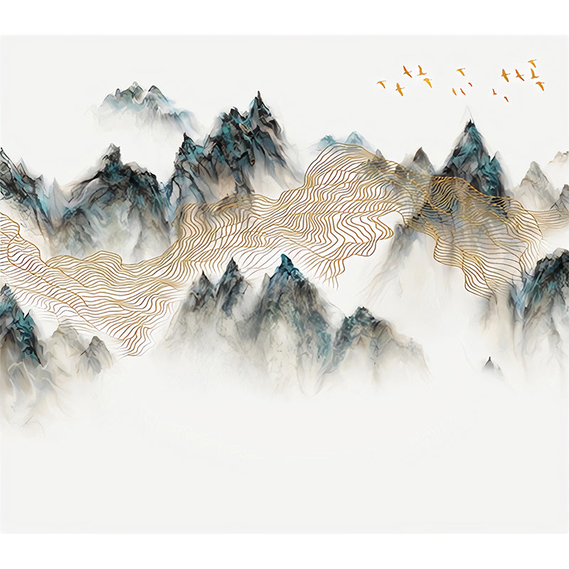 Large Illustration Vintage Mural Wallpaper for Guest Room with Mountain in Green and Yellow