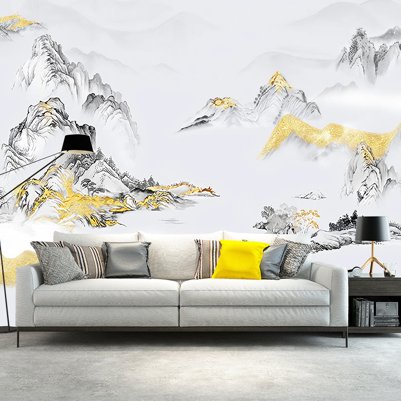 Large Asia Inspired Wall Art Grey and Gold Mountain Wall Mural, Custom Size Available