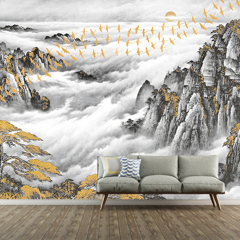 Full Size Traditional Wall Decor Gold and Grey Mountain and Bird Mural Wallpaper, Custom-Printed