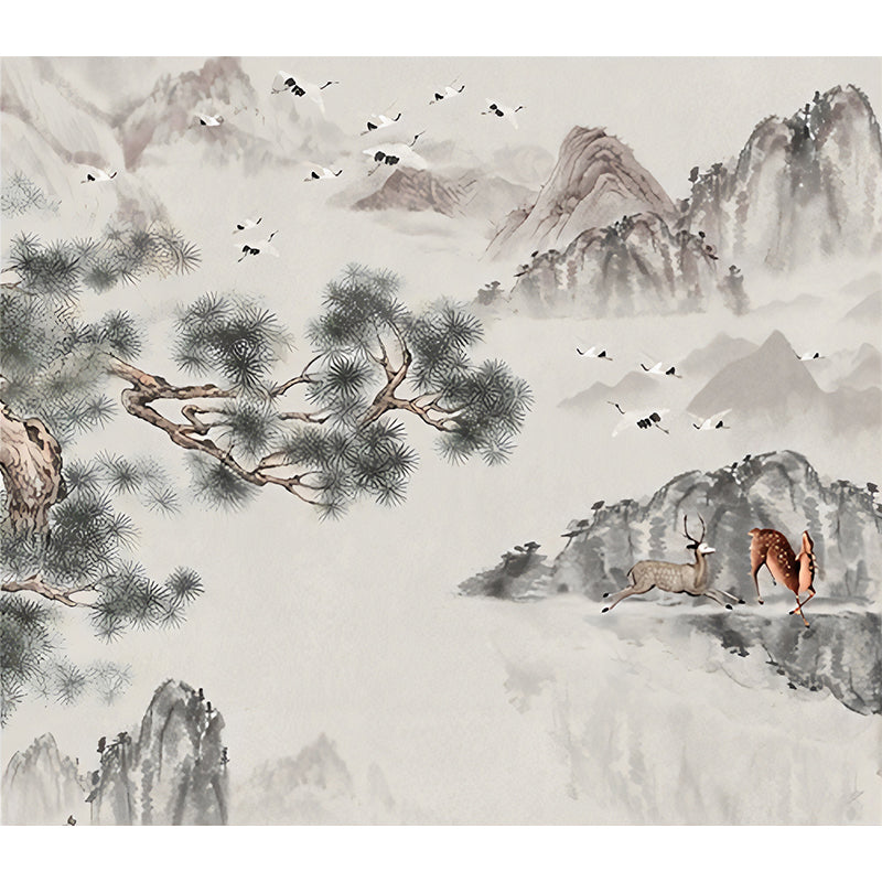 Big Illustration Asia Inspired Wall Mural for Guest Room with Crane and Deer Design in Grey and Green