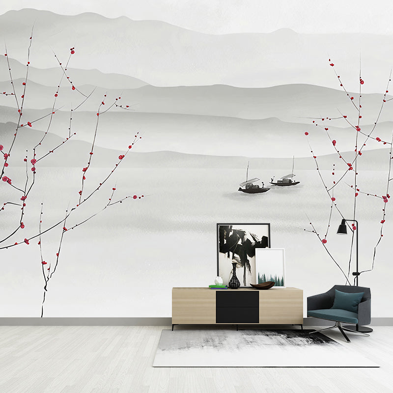 Full Illustration Boat and Mountain Mural for Home Decoration, Soft Grey, Custom-Printed