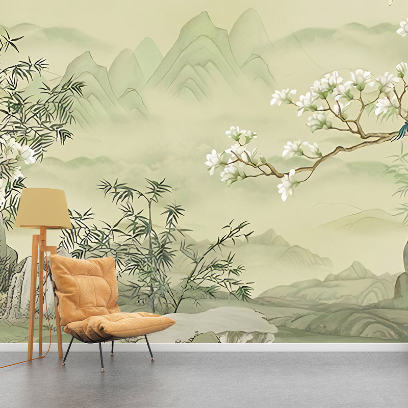 Elegant Flower and Mountain Mural for Home Decoration, Pastel Green, Personalized Size Available