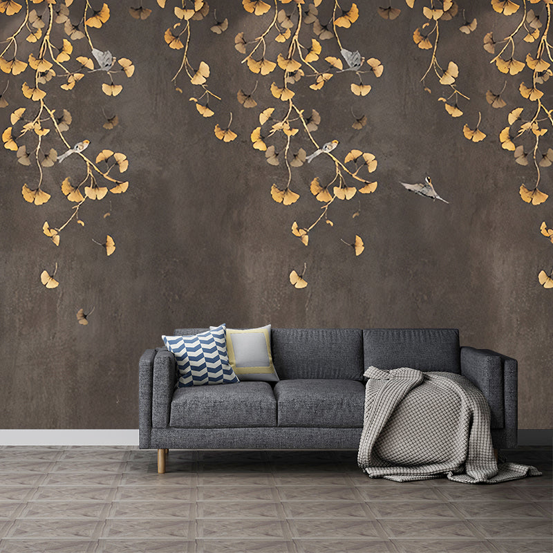 Ginkgo Mural Wallpaper in Gold and Brown, Traditional Wall Covering for Living Room