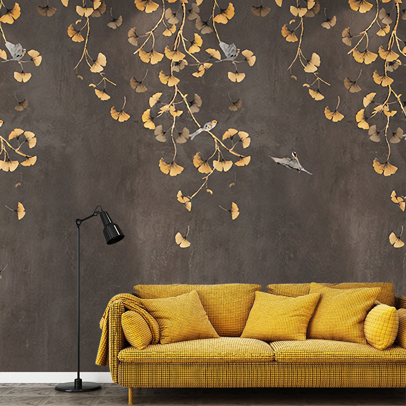 Ginkgo Mural Wallpaper in Gold and Brown, Traditional Wall Covering for Living Room