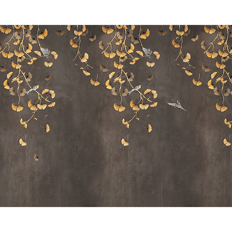 Ginkgo Mural Wallpaper in Gold and Brown, Traditional Wall Covering for Living Room