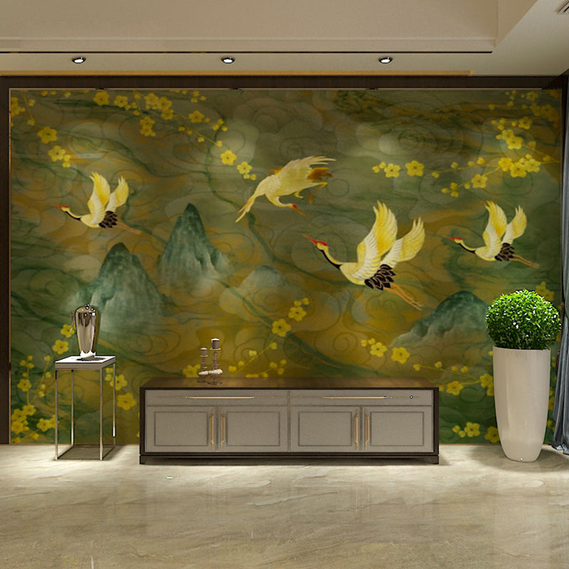 Big Mural with Plum Blossom and Crane Design Yellow and Green Non-Woven Wall Art for Home Decor, Made to Measure