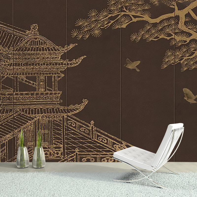 Nostalgic Mural Brown Garret and Tree Living Room Wall Covering, Full Size