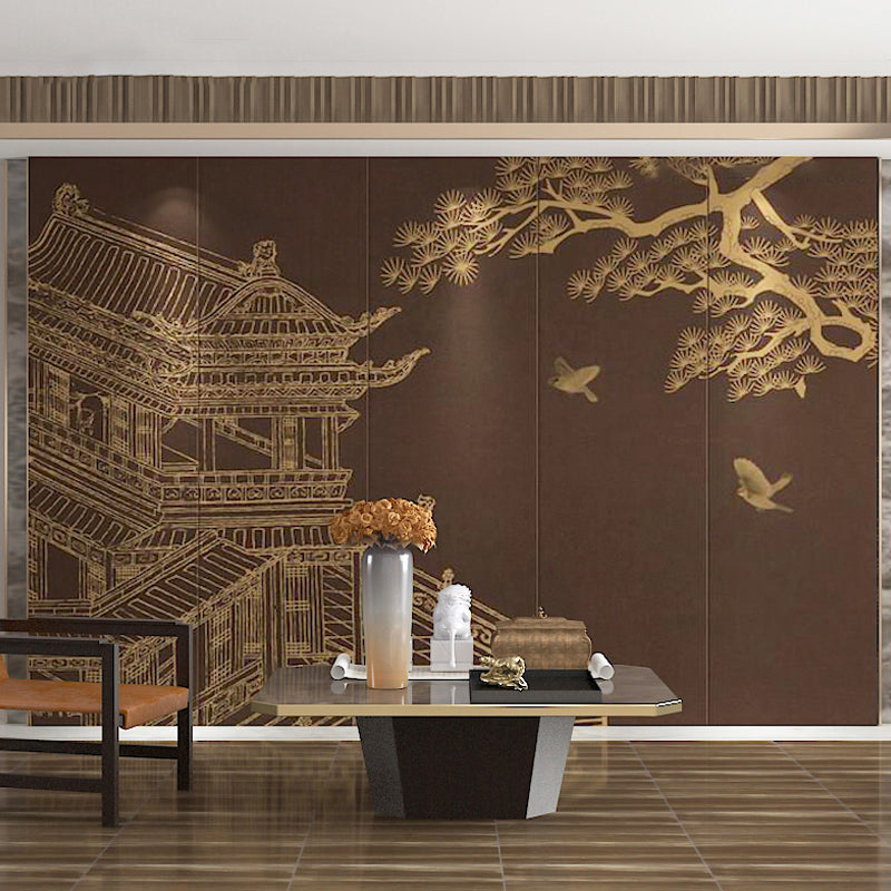 Nostalgic Mural Brown Garret and Tree Living Room Wall Covering, Full Size