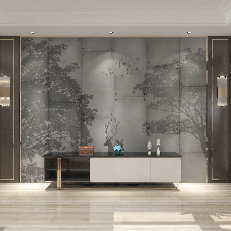Traditional Deer and Forest Mural in Grey Non-Woven Fabric Wall Covering for Home Decor, Custom-Made