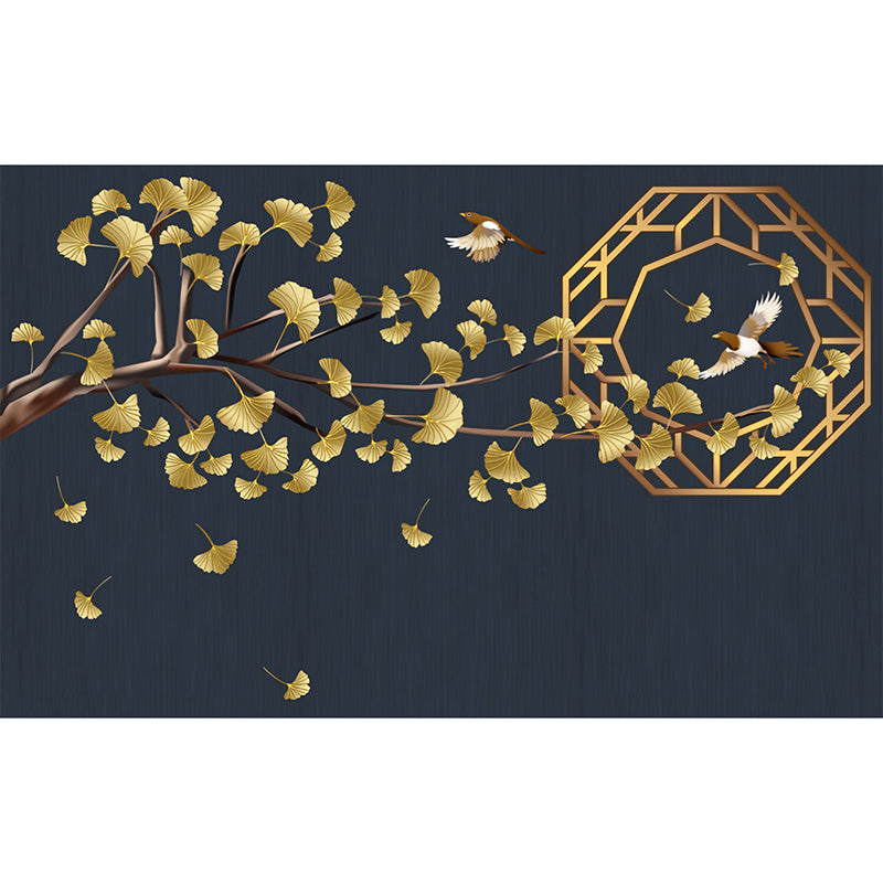 Illustration Ginkgo and Bird Mural Wallpaper for Restaurant Decoration, Dark Blue