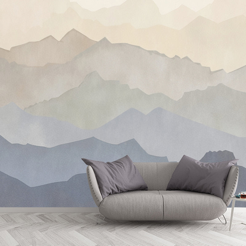 Extra Large Mountain Wall Art in Blue and Brown Non-Woven Fabric Mural Wallpaper for Home, Custom-Printed