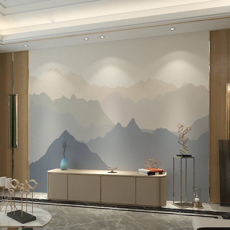 Vintage Mountain Wall Covering in Blue and Brown Accent Wall Mural, Personalized Size Available