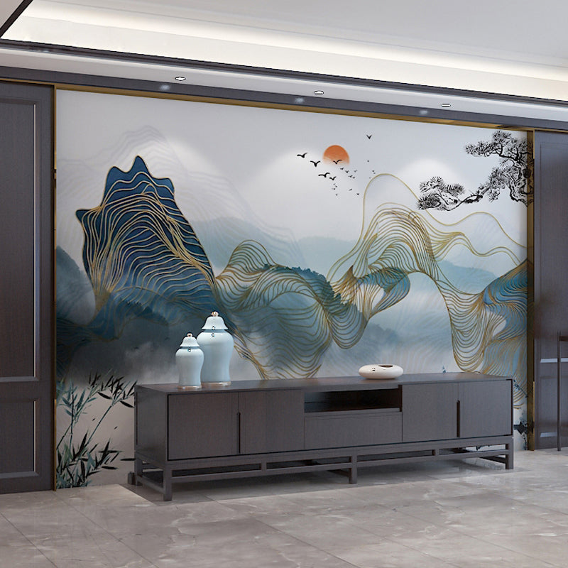 Traditional Mountain and Sun Mural for Gallery, Full Size Wall Covering in Blue and Green