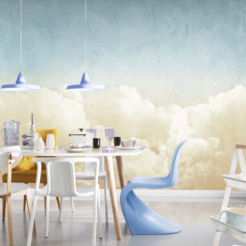 Blue and Beige Cloud Mural Wallpaper Stain-Resistant Wall Covering for Guest Room