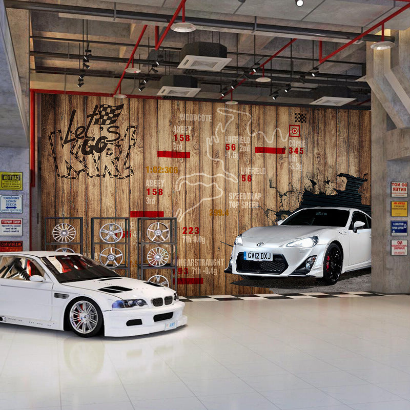Yellow Wood and Car Mural Wallpaper Water-Resistant Wall Covering for Home Decoration