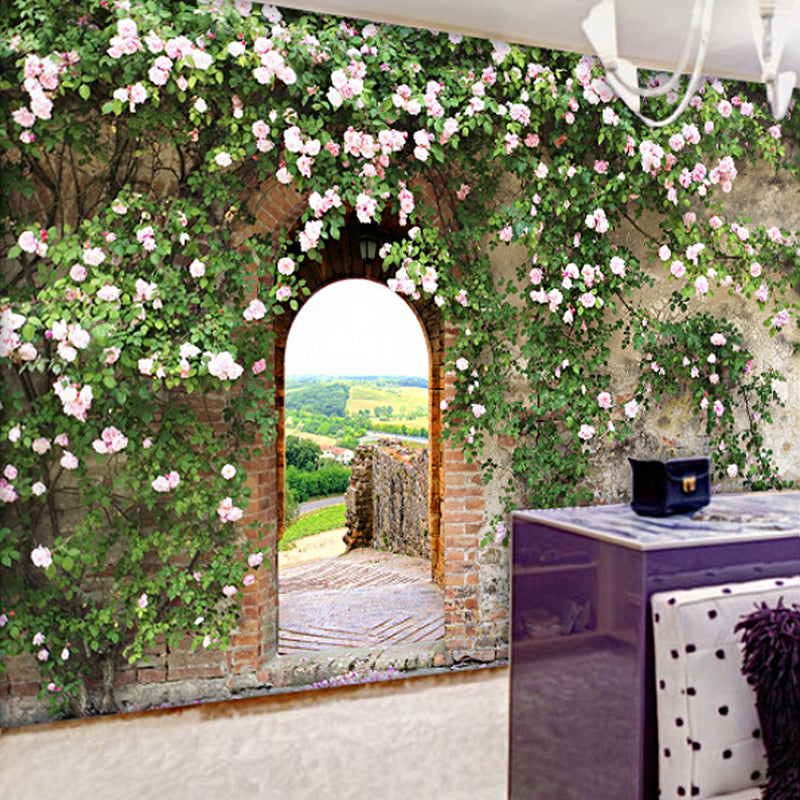 Full Castle and Pavement Mural in Green and Grey Non-Woven Wall Covering for Home Decor, Made to Measure