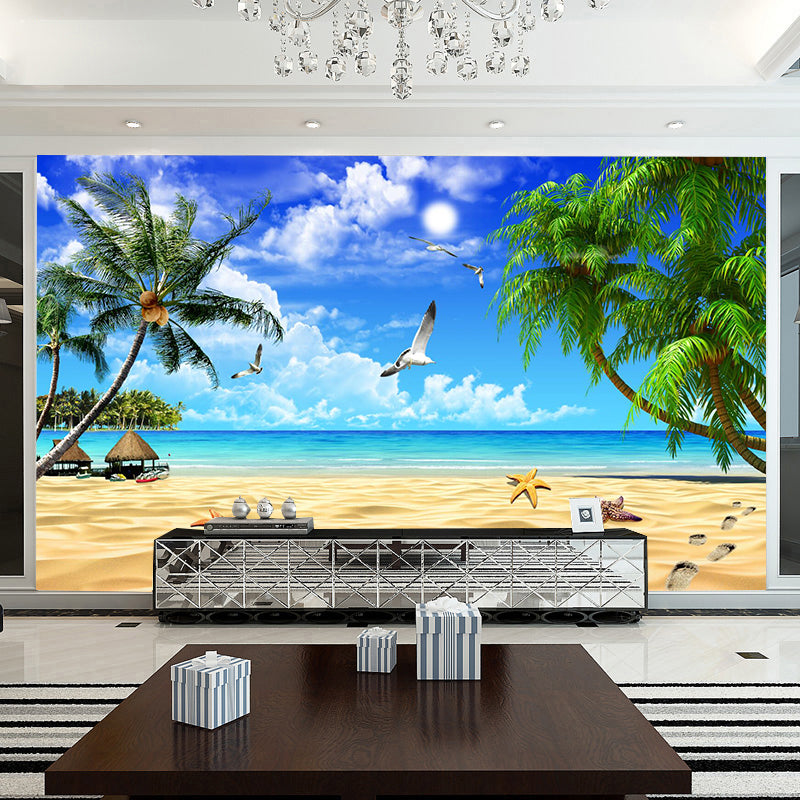 Full Seashore and Tree Mural for Bedroom Seagull Wall Art in Blue for Home Decoration