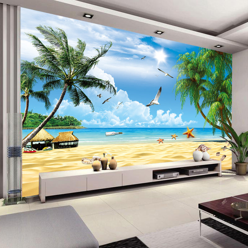 Full Seashore and Tree Mural for Bedroom Seagull Wall Art in Blue for Home Decoration