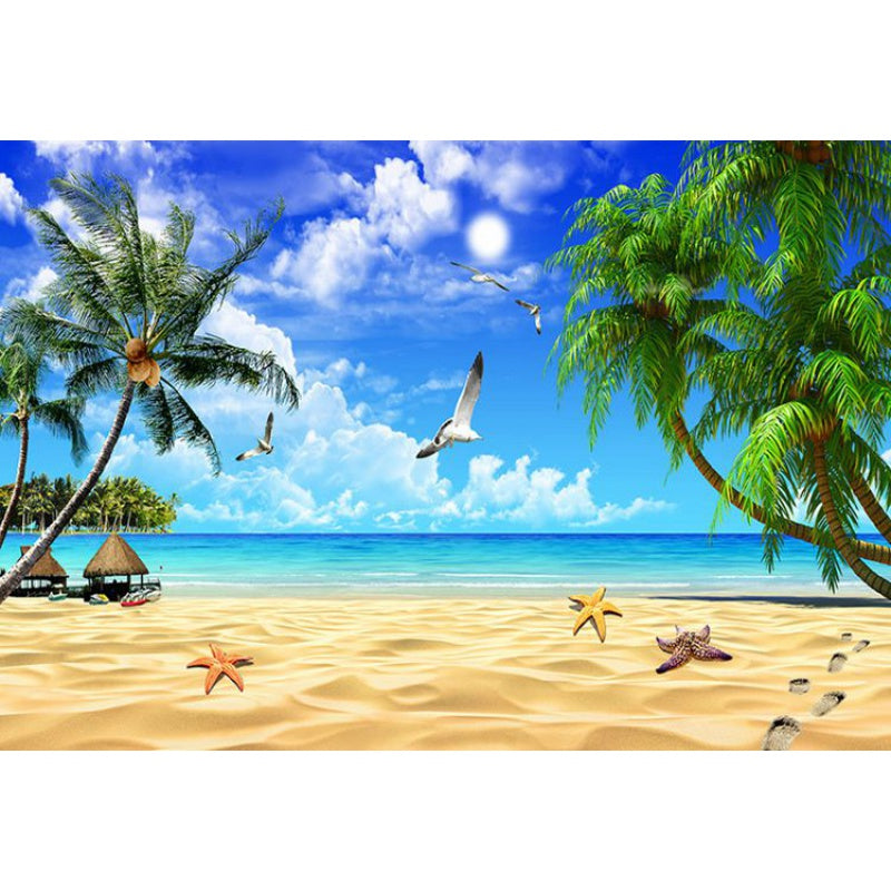 Full Seashore and Tree Mural for Bedroom Seagull Wall Art in Blue for Home Decoration