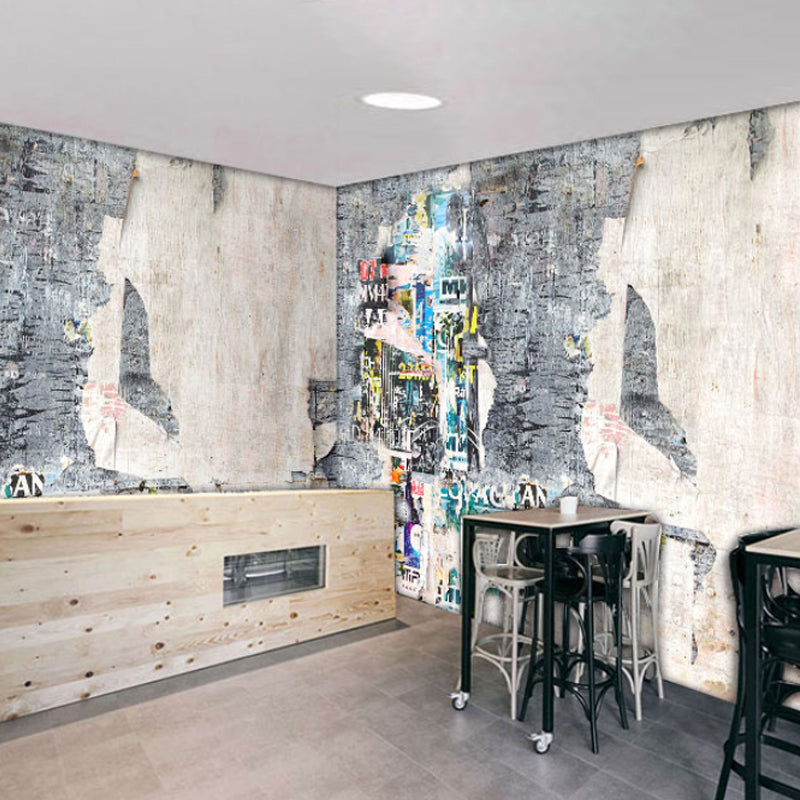 Big Illustration Industrial Mural Wallpaper for Coffee Shop with Cement Wall and Graffiti in Grey