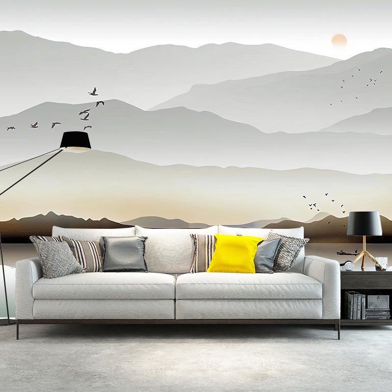 Personalized Illustration Traditional Wall Mural for Bedroom with Mountain and River Design in Grey