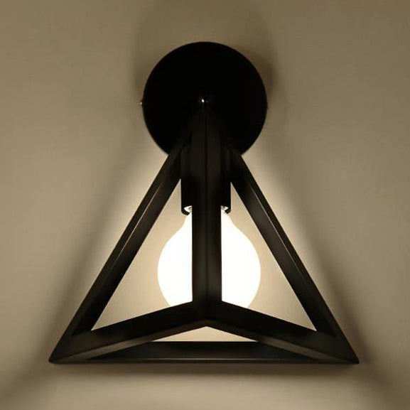 Metal Caged Wall Light Fixture with Triangle Shade Loft Style 1 Light Bedroom Wall Lamp in Black