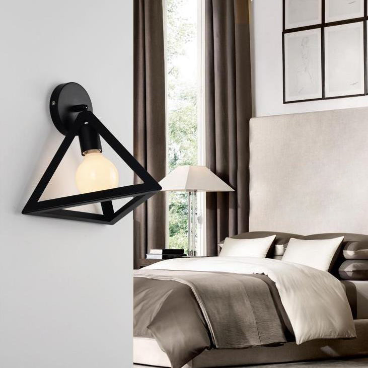 Metal Caged Wall Light Fixture with Triangle Shade Loft Style 1 Light Bedroom Wall Lamp in Black
