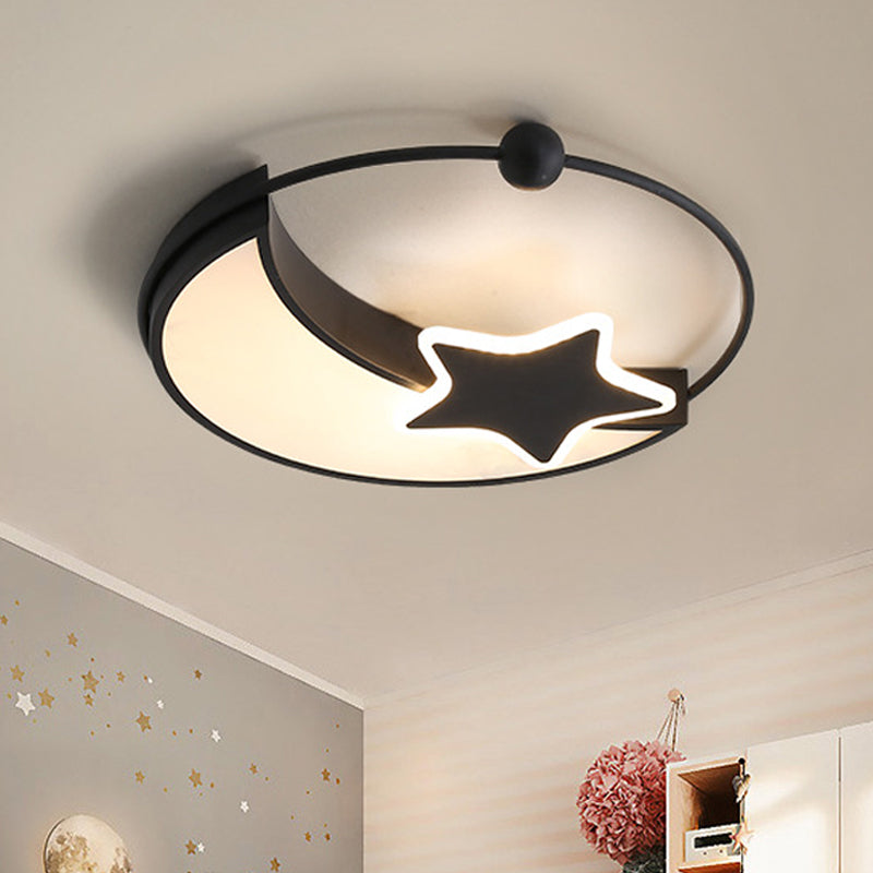 Kids LED Flushmount Lighting Black Moon and Star Flush Mount Lamp with Acrylic Shade in Warm/White Light