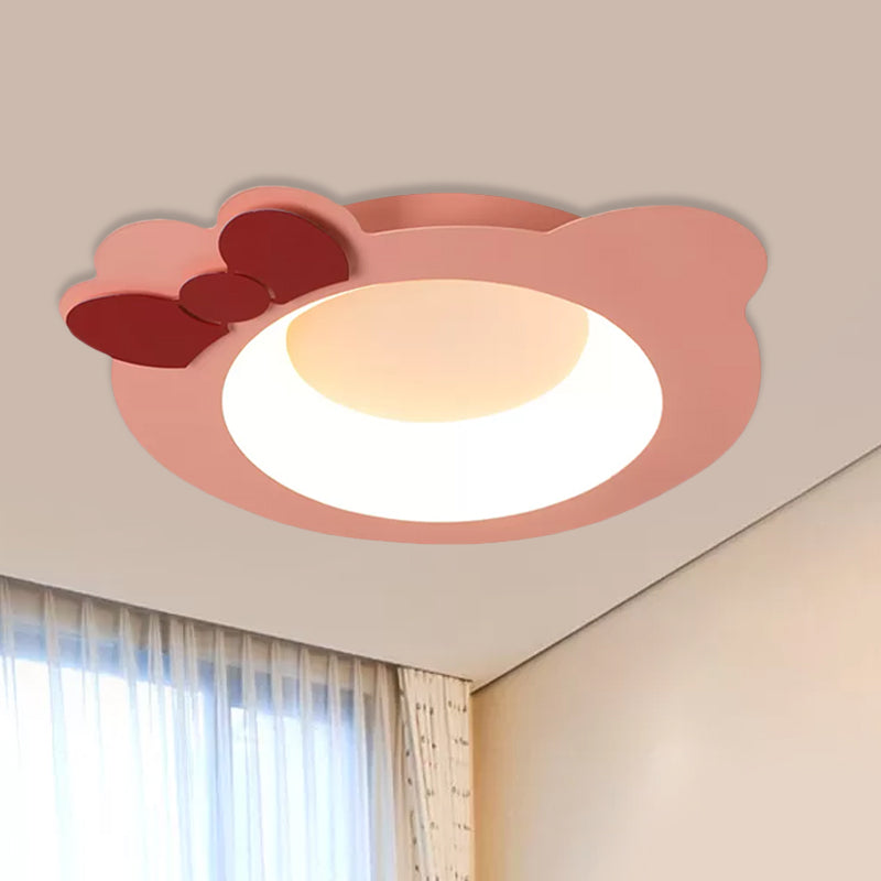 Metallic Cat Head Flush Mount Cartoon LED Pink Ceiling Mounted Fixture for Girls Bedroom, Warm/White Light