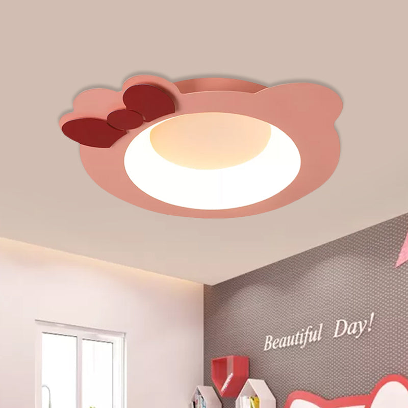 Metallic Cat Head Flush Mount Cartoon LED Pink Ceiling Mounted Fixture for Girls Bedroom, Warm/White Light