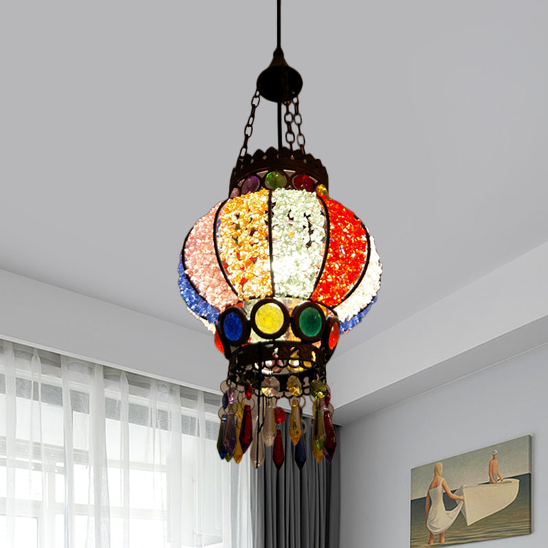 Black Spherical Ceiling Lamp Bohemian Metal Single Head Living Room Suspension Light with Crystal Draping