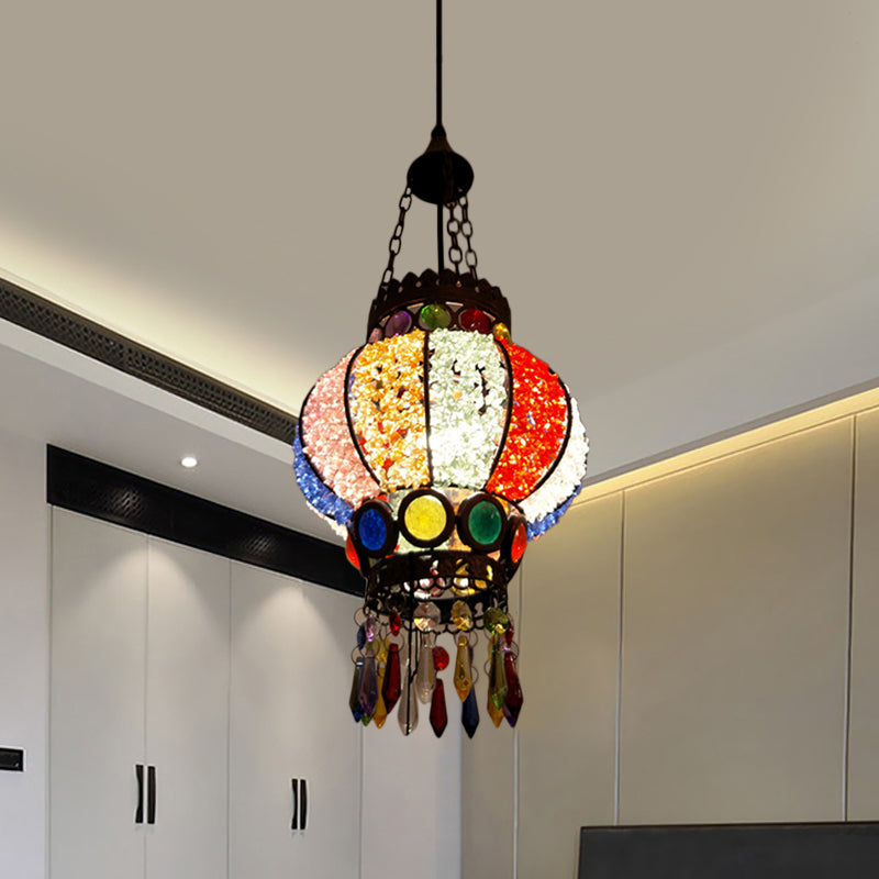 Black Spherical Ceiling Lamp Bohemian Metal Single Head Living Room Suspension Light with Crystal Draping