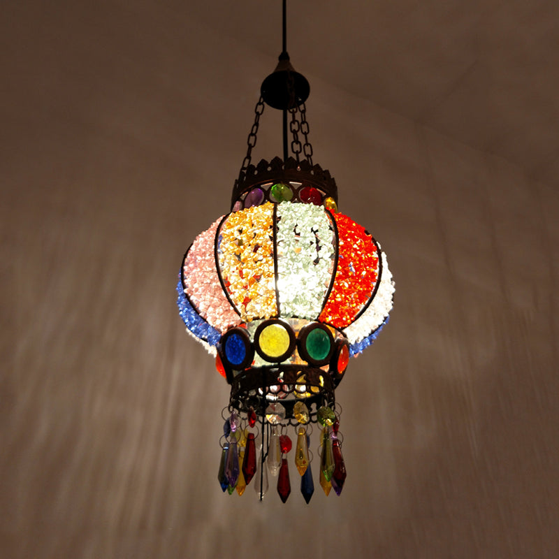 Black Spherical Ceiling Lamp Bohemian Metal Single Head Living Room Suspension Light with Crystal Draping